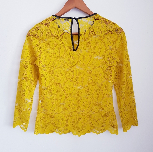 Yellow Lace & Black Faux that Leather Trim Scallop Hem Top - Picture 6 of 9